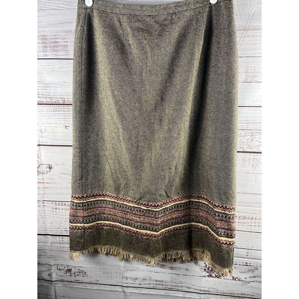 Sag Harbor Midi Skirt Women’s 18 VTG 90's Wool Blend Fringe Tan Black Lined
